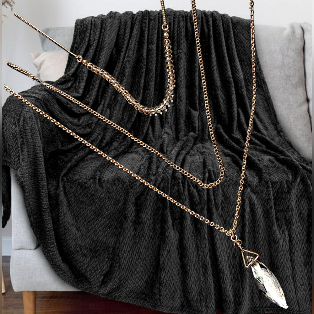 Triple Layer Gold Tone Necklace w/ Clear Beads & a Pendant